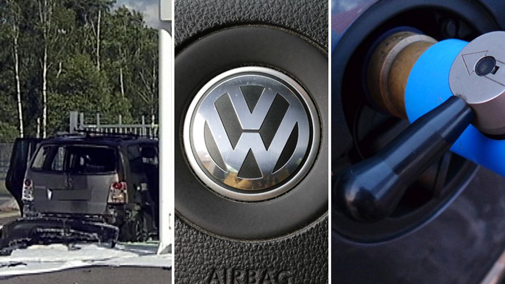 exploderad bil intill logga av volkswagen