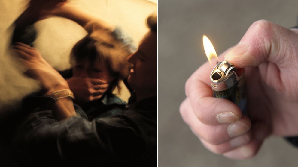Kvinnomisshandel och hand med tändare.