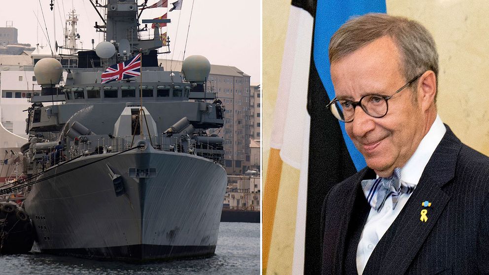 Brittiskt krigsfartyg och Estlands president Toomas Hendrik Ilves.