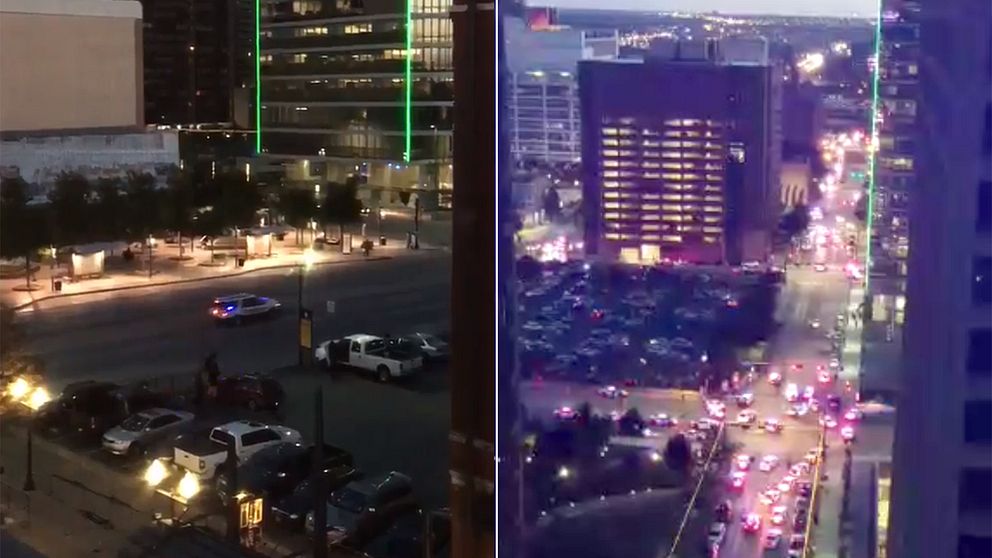 Två tidiga bilder från den massiva polisinsats som inleddes i centrala Dallas tidigt på fredagsmorgonen, svensk tid.