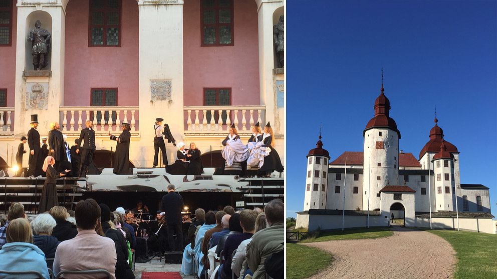 Operasångare på scen intill en bild av läckö slott