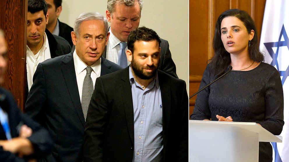 Israels premiärminister Benjamin Netanyahu (i mitten till vänster) och justitieminister Ayelet Shaked (till höger).