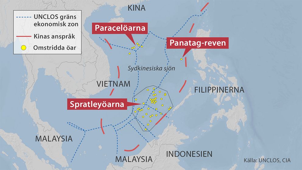 UNCLOS är gränserna på 200 sjömil för Kinas grannländer enligt FN:s havsrättsavtal. De röda linjerna betecknar de kinesiska kraven på havet.