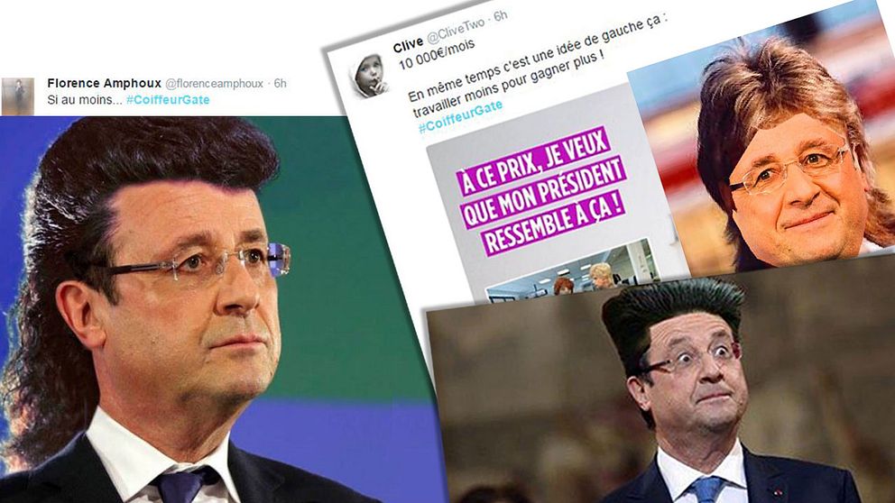 Skärmdumpar från twitter på olika förslag på tokiga frisyrer Frankrikes president François Hollande kan ha.