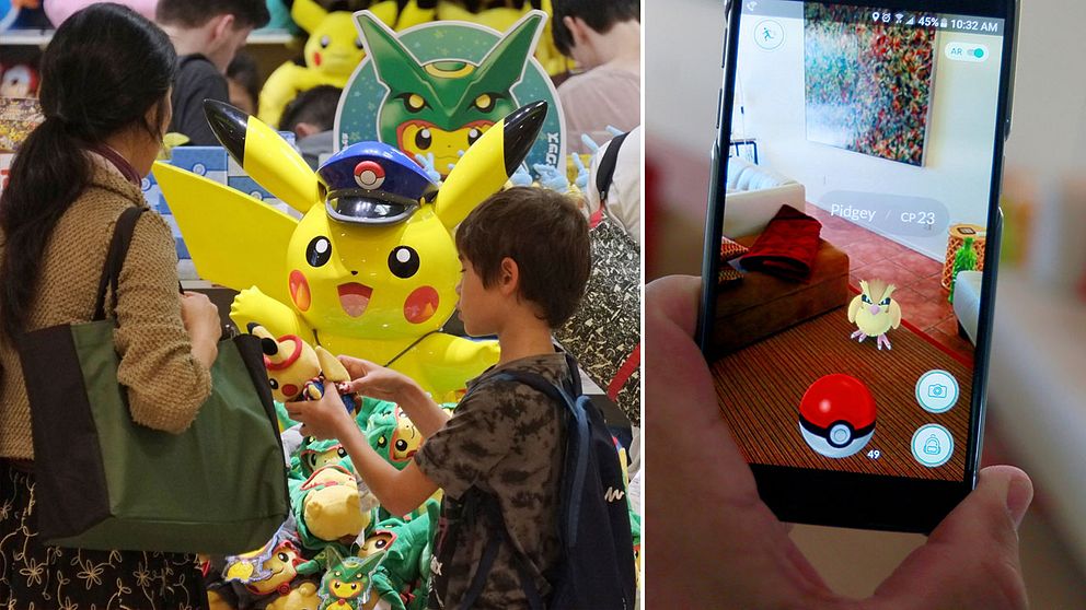 En butik med Pikachu-figurer, samt bild av någo nsom spelar Pokémon Go.