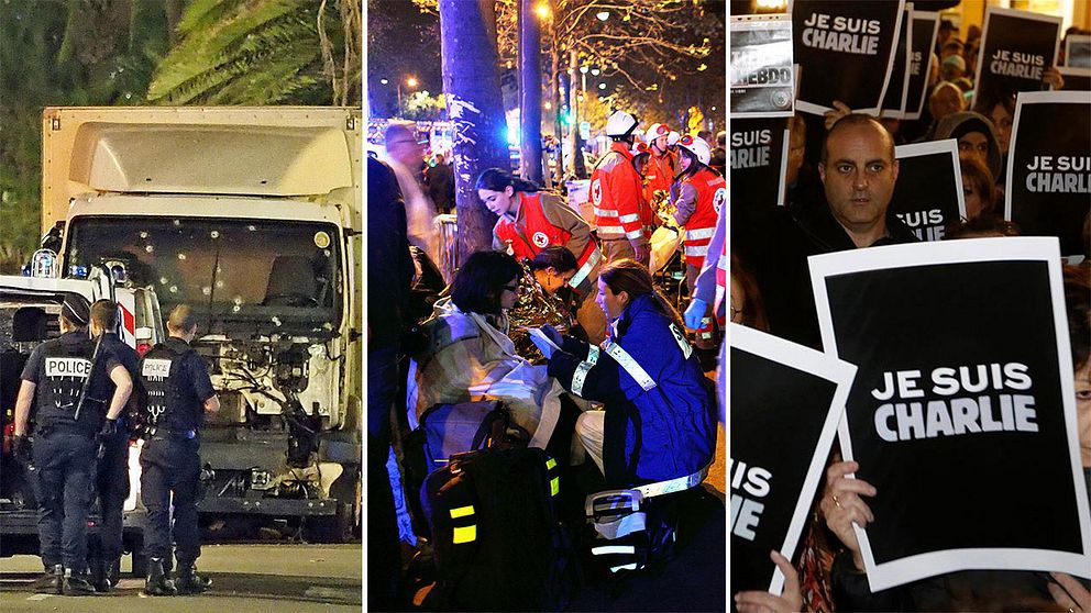 Bilder från dåden i Nice, Paris 2015 och Charlie Hebdo.