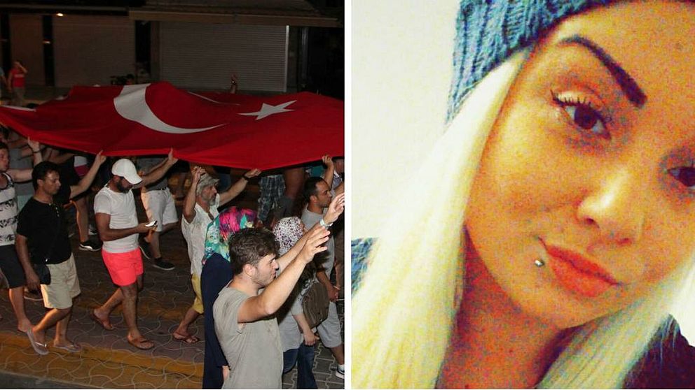 En bild på Sara och en bild på en demonstration i Turkiet