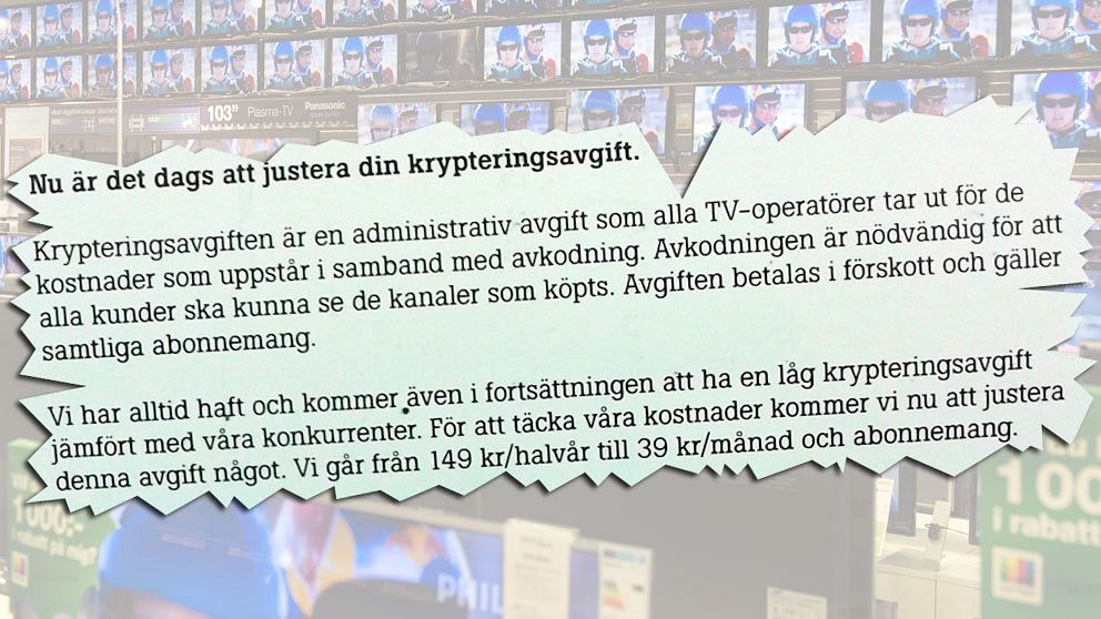 Exempel på hur kabel-tv-leverantören Tele2 meddelade en av sina kunder om höjningen av ”krypteringsavgiften”.