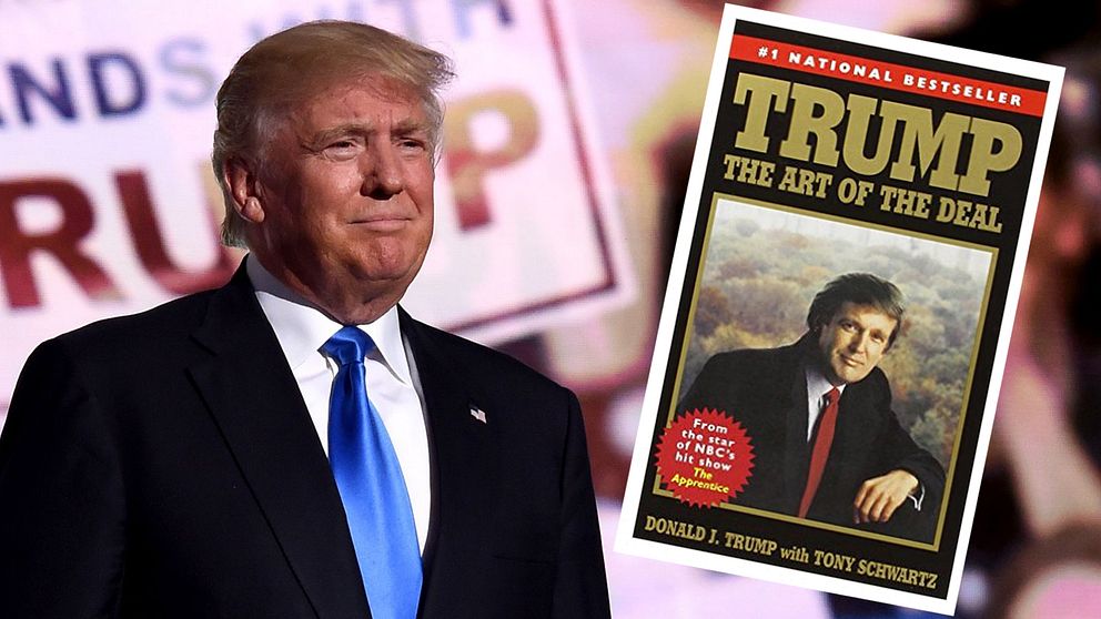 Donald Trump och omslaget på hans bok ”The Art of the Deal” från 1987.