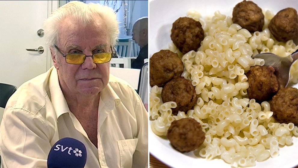 Pensionären Per Allan och en tallrik med köttbullar och makaroner.