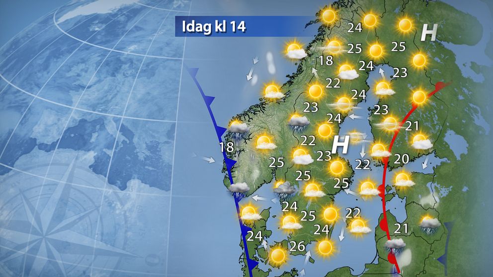 Det blir det soligt och varmt väder med temperatur upp mot 25 grader – högsommar alltså. En del stackmoln kommer dock att hålla solen sällskap och främst i landets västra hälft. Kring Vänernområdet finns även risk för någon skur och kanske även en åskknall.