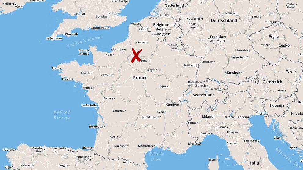 Karta över Frankrike med Paris markerat med ett kryss.