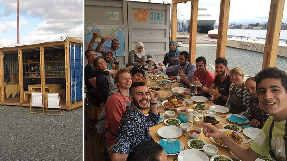 Exteriörbild på containern som är kök och en grupp människor som äter
