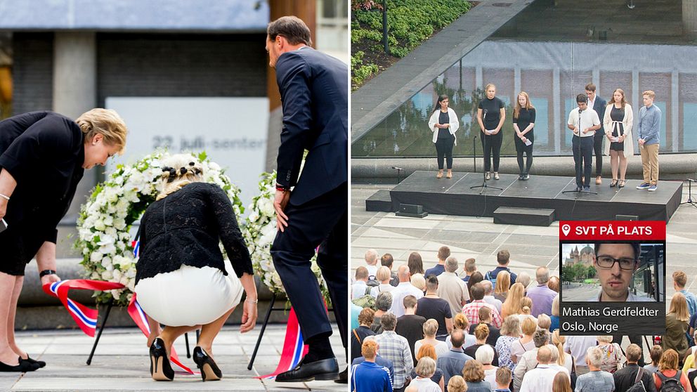 Statsminister Erna Solberg (f.v.), kronprinsesse Mette-Marit og kronprins Haakon legger ned krans under minnemarkeringen i regjeringskvartalet i Oslo.