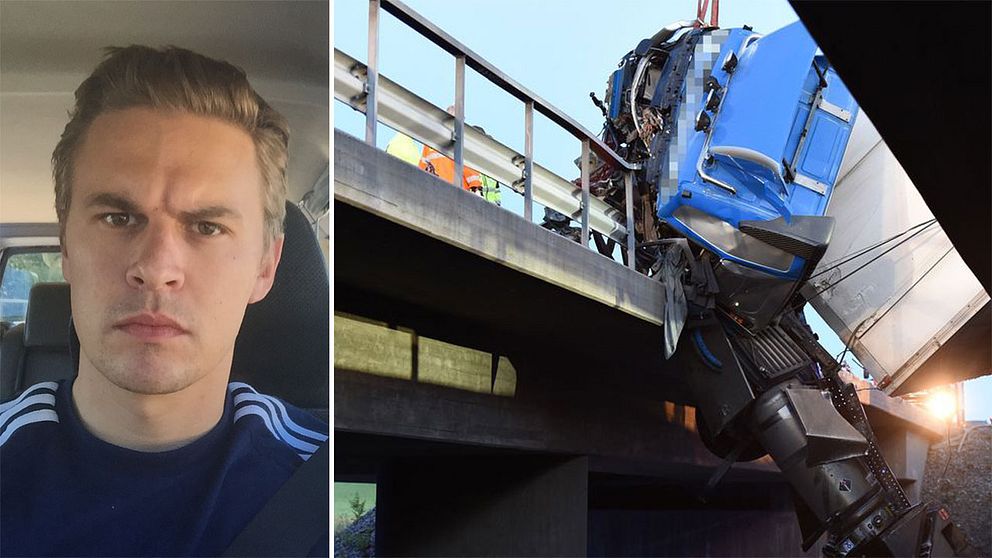 SVT:s reporter Erik Grönlund är fast i trafikköer och lastbil i olycka.
