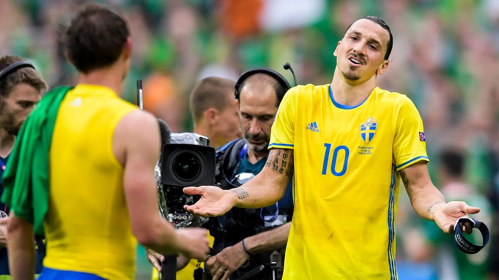 Zlatan gestikulerar till Kim Källström efter EM-matchen mot Irland.