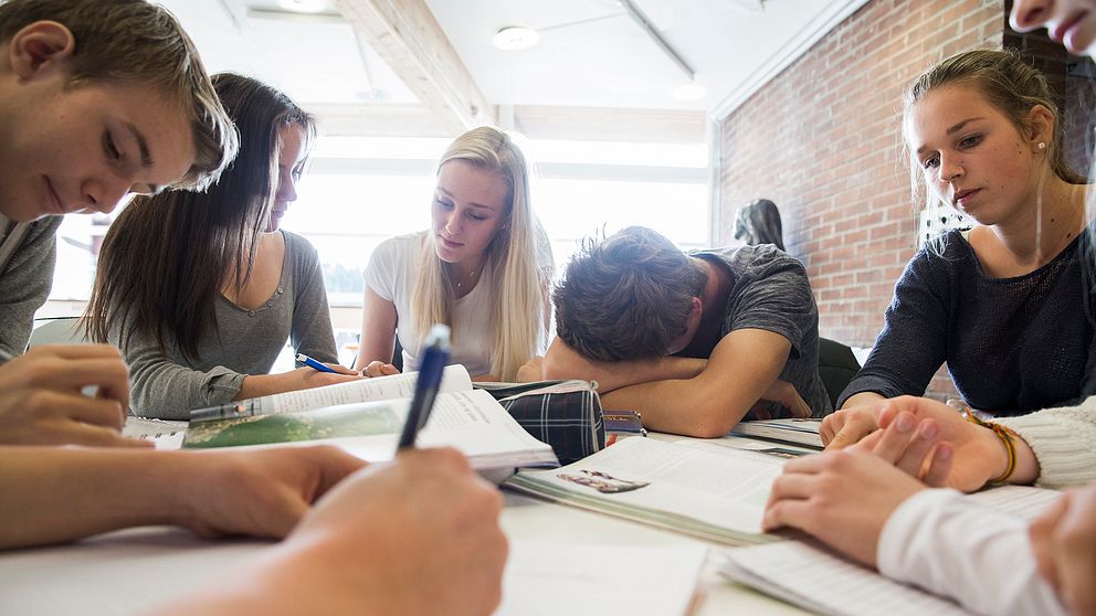 Elever sitter med skolböcker. Rekordmånga skolor har i år fått statliga bidrag till läxhjälp.