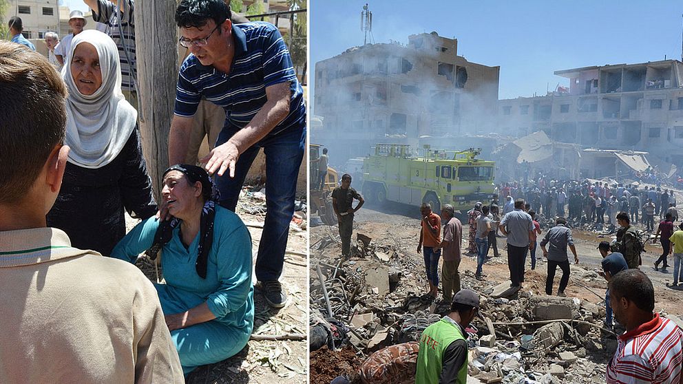 En kvinna sörjer döda anhöriga efter attackerna i Syrien.