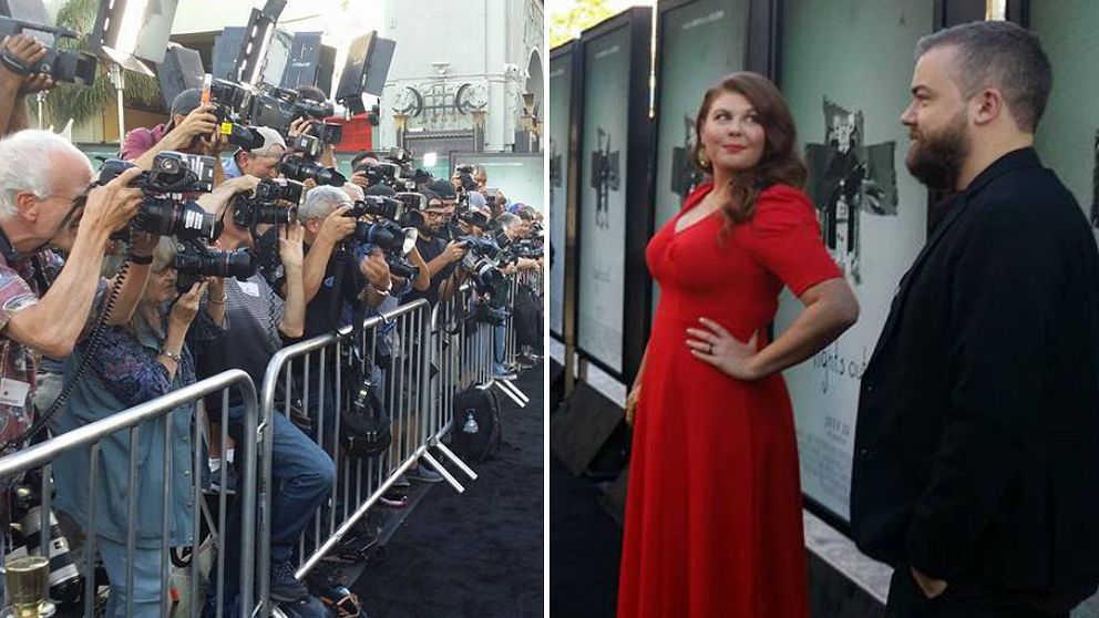 Collagebild fotografer Hollywood och Lotta Losten med David. F Sandberg från Jönköping på premiär av Lights Out