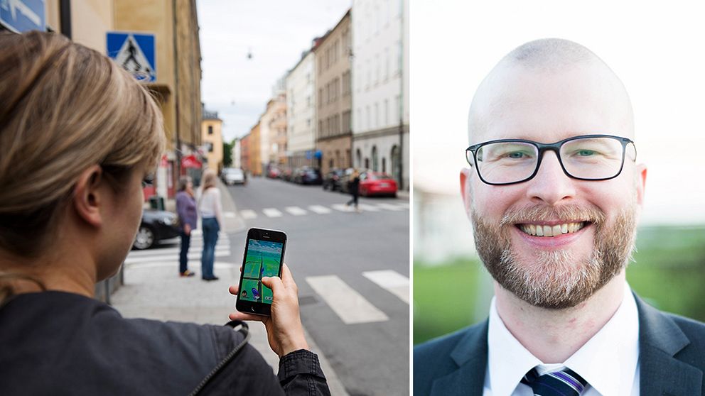 En kvinna som spelar Pokémon Go i stadsmiljö. Marcus Nohlberg, forskare vid Högskolan i Skövde.