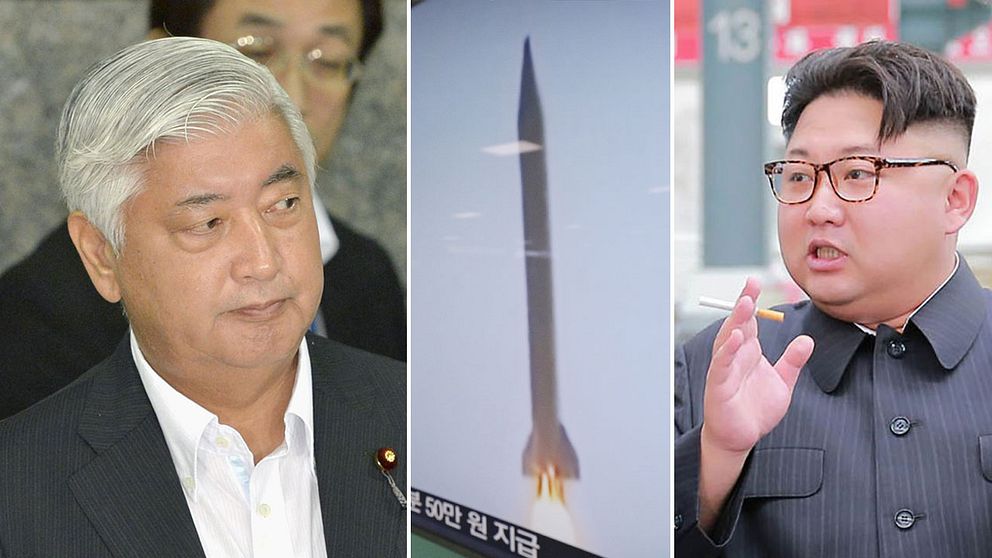 Japans försvarsminister Gen Nakatani och Nordkoreas ledare Kim Jong Un., bredvid en tv-bild på en av de avfyrade missilerna på onsdagsmorgonen.