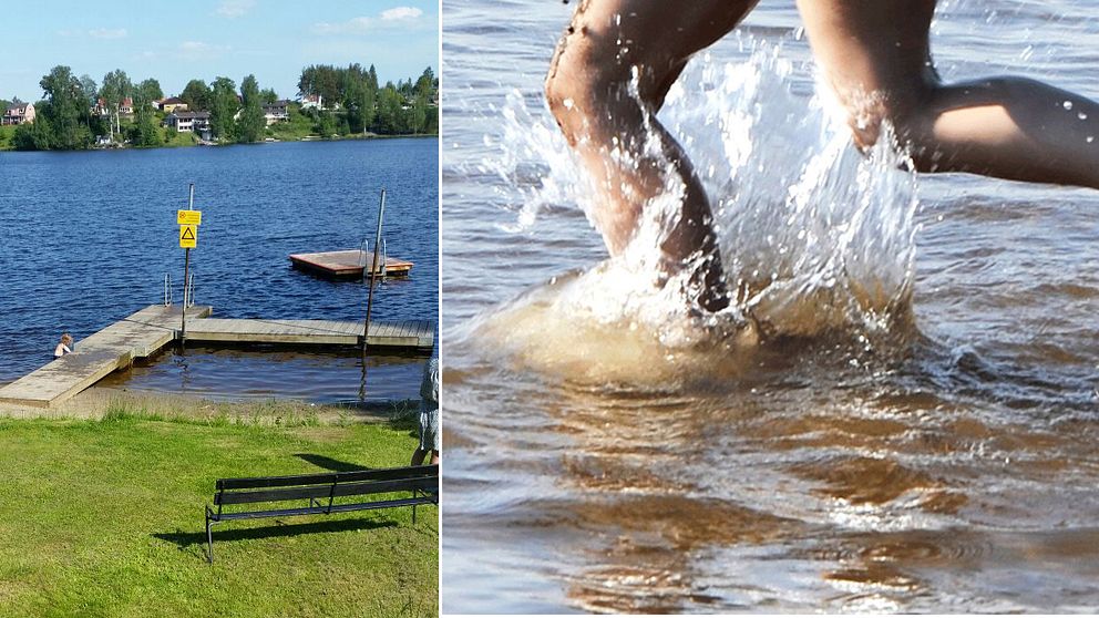 Till vänster: bild på den badplats i Borsökna där incidenten inträffade. Till höger: genrebild på lekande barn i vatten.