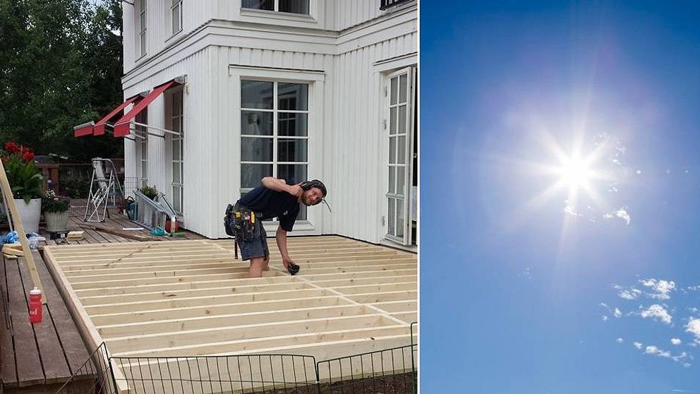 Delad bild, snickaren Isak Lindell under ett byggprojekt och en sol på blå himmel.