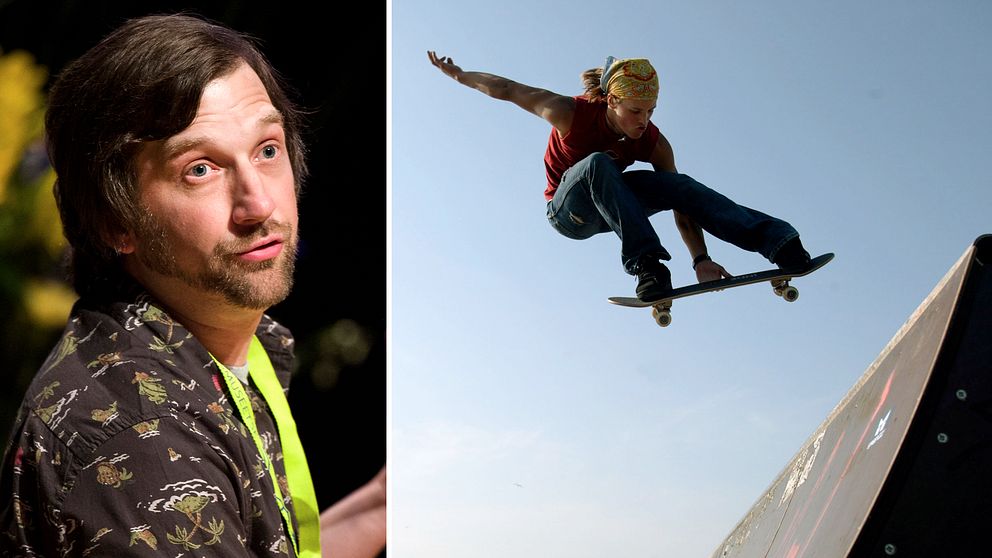 Magnus Gyllenberg, ordförande för skateboardförbundet, och en skejtare i en ramp.