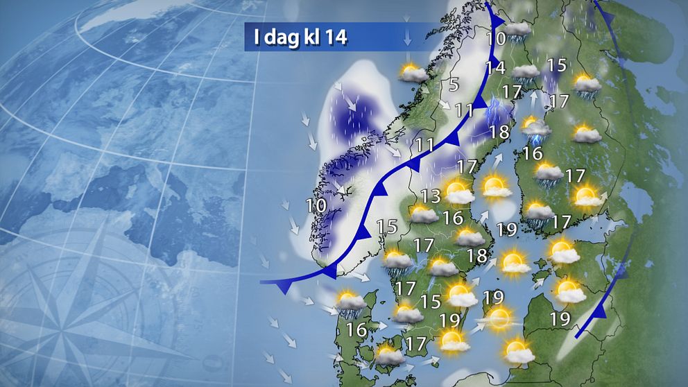 Vi har en blåsig dag framför oss. I Norrland drar ett regnväder in som lokalt innehåller åska. I övriga delar av landet blir det mycket moln med någon enstaka skur. Störst solchanser blir det vid ostkusten och varmast i sydöstra Götaland. Vid kusterna väntas friska till hårda vindbyar med kulingstyrka till havs.