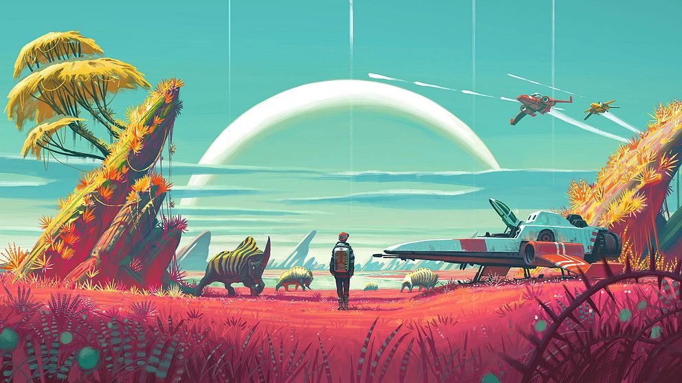 En äventyrare står på en färggladplanet och ser ut över horisonten.