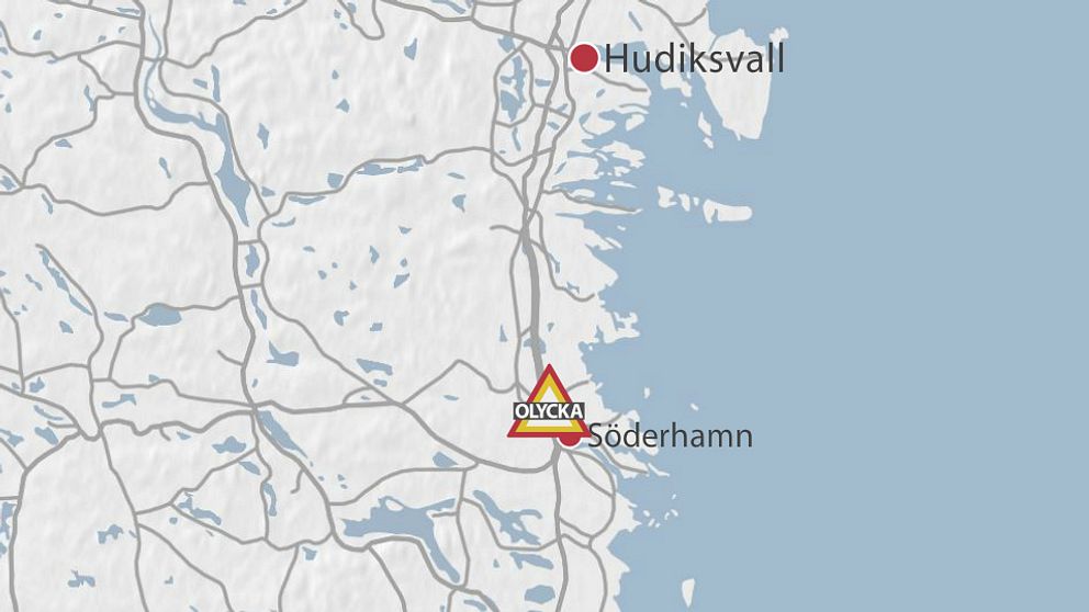 Karta med platsen där en motorcyklist blev svårt skadad i en olycka utanför Söderhamn.