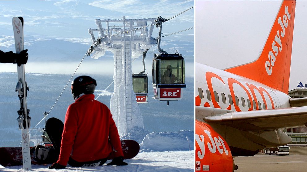 snowboardåkare sitter vid skidlift med utsikt över fjäll, samt bild på del av flygplan