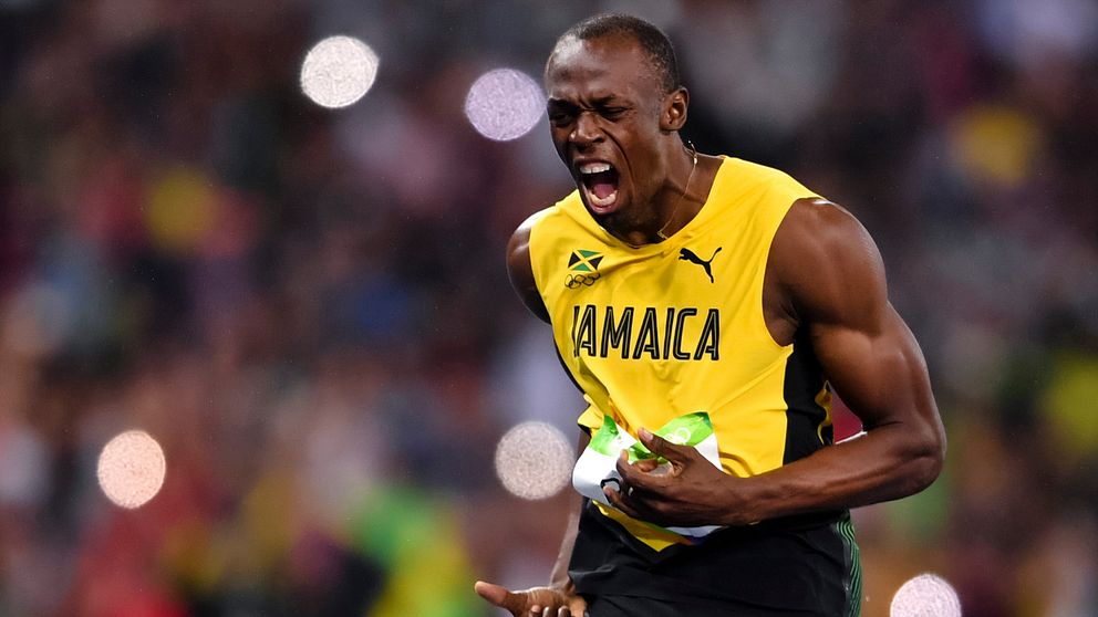 Usain Bolt skriker ut sin glädje efter åttonde OS-guldet.