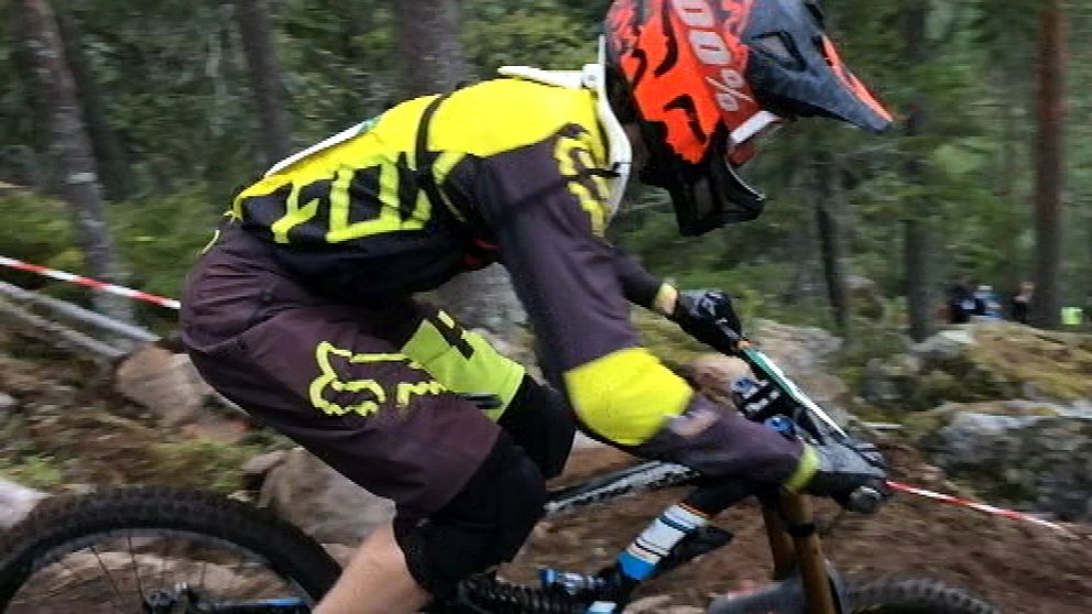 En cyklist åker nedför en bana i skogen
