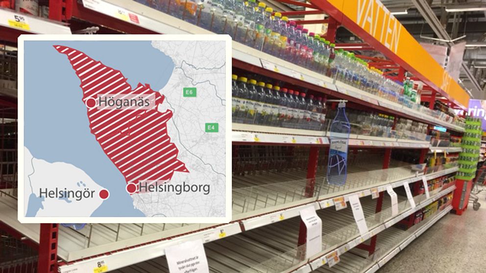 I många butiker i Helsingborg och Höganäs gapar hyllorna med flaskvatten tomma efter bakterielarmet.
