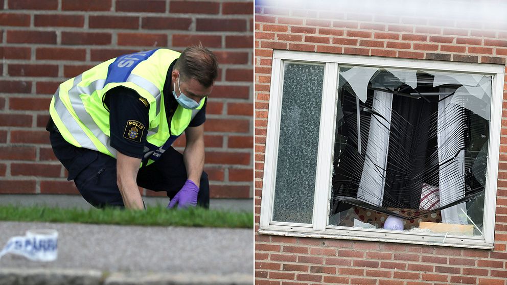 En polis vid brottsplatsen i Biskopsgården