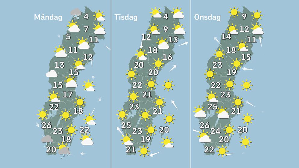 Prognoskarta som visar vädret i Sverige på måndag, tisdag och onsdag.