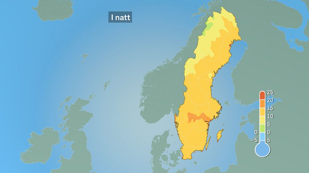 Prognoskarta som visar förväntad minimitemperatur i Sverige under natten mot måndag.