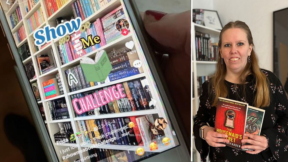 Tvådelad bild. Till vänster: En mobilskärm med en bokhylla. Till höger: Kvinna håller två böcker.