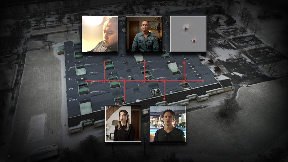 Femdelad bild. Central bakgrund: byggnadens tak. Övre delen: två personer och en objektbild. Nedre delen: två personer.