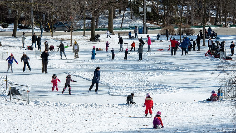 Människor leker och åker skridskor i en snöig park.