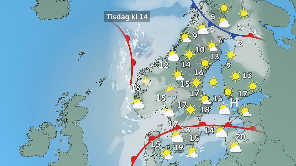 Prognoskarta för vädret i Sverige på tisdag.