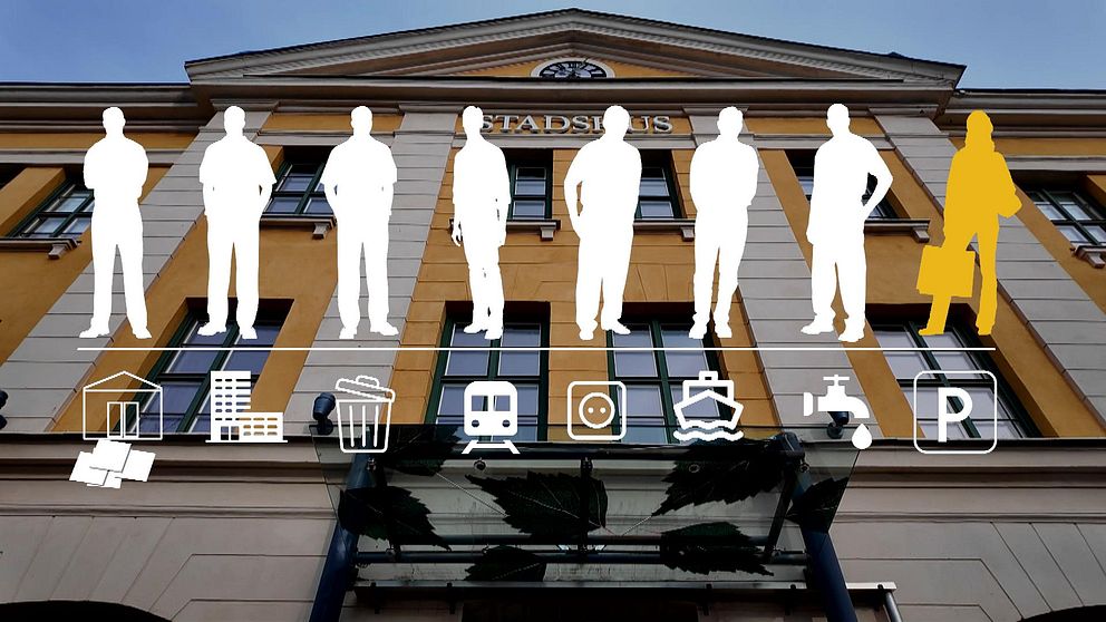 Silhuetter av människor och transportsymboler mot en byggnad.
