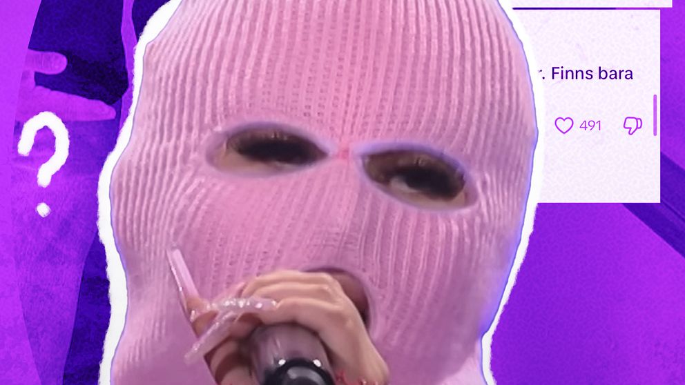 Fröken Snusk när hon medverkade i Melodifestivalen 2024 i förgrunden. I bakgrunden olika Tiktok-kommentarer om att Fröken Snusk ska ha ”brytit sig loss” från samarbete med Rasmus Gozzi, eller bytts ut av någon annan. Längst bort syns någon med rosa mask, som kan vara ”den nya” eller ”den gamla” Fröken Snusk. Detta ska ha hänt i början av 2025.