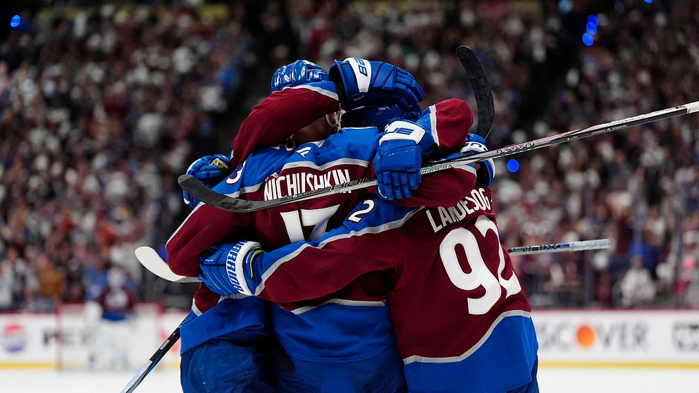 Ishockeyspelare i rödblå tröjor firar mål tillsammans inför jublande publik.
