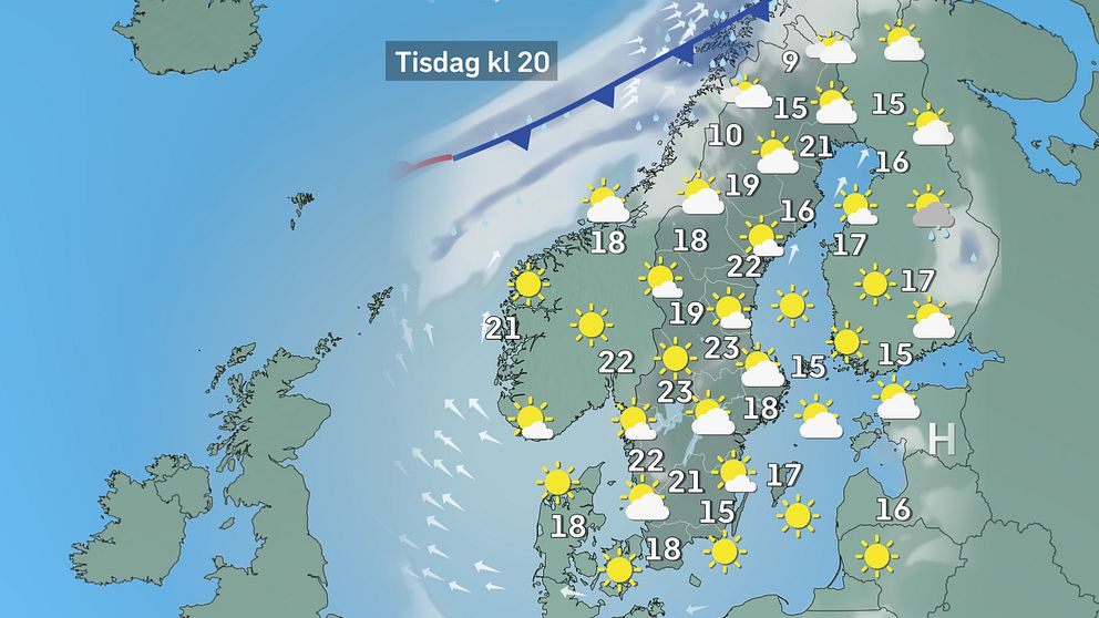 Prognoskarta som visar vädret i Sverige på tisdag kväll.