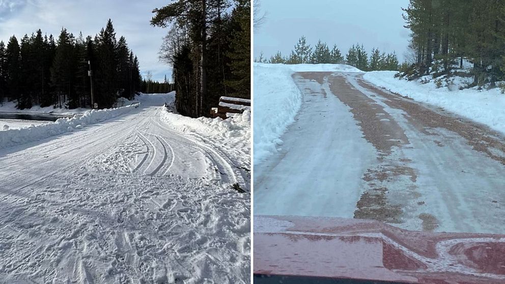 splitbild med vintrig väg till vänster och väg med is och grus till höger
