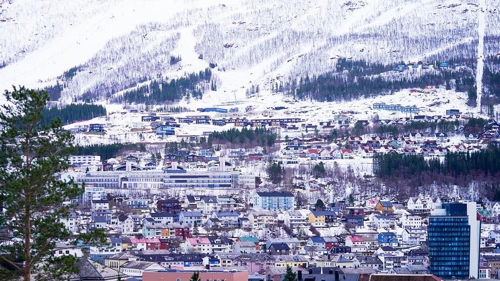 En vy över Narvik vid foten av fjällen. I förgrunden syns hus i olika färger, medan staden sträcker sig uppåt mot bergssidan som också är täckt av snö. Längre bort kan man se ett stort, modernt byggnadskomplex. Landskapet präglas av vintergrönska och snö.