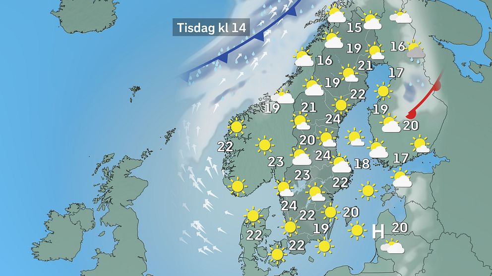 Prognoskarta som visar vädret i Sverige på tisdag.