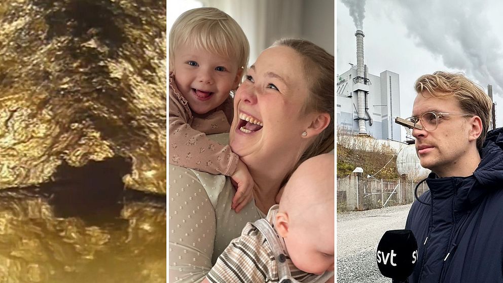 1. Guldfärgad tunnel 2. Skrattande kvinna med två små barn. 3. Reporter med klädnypa för näsan och bolmande industri i bakgrunden.